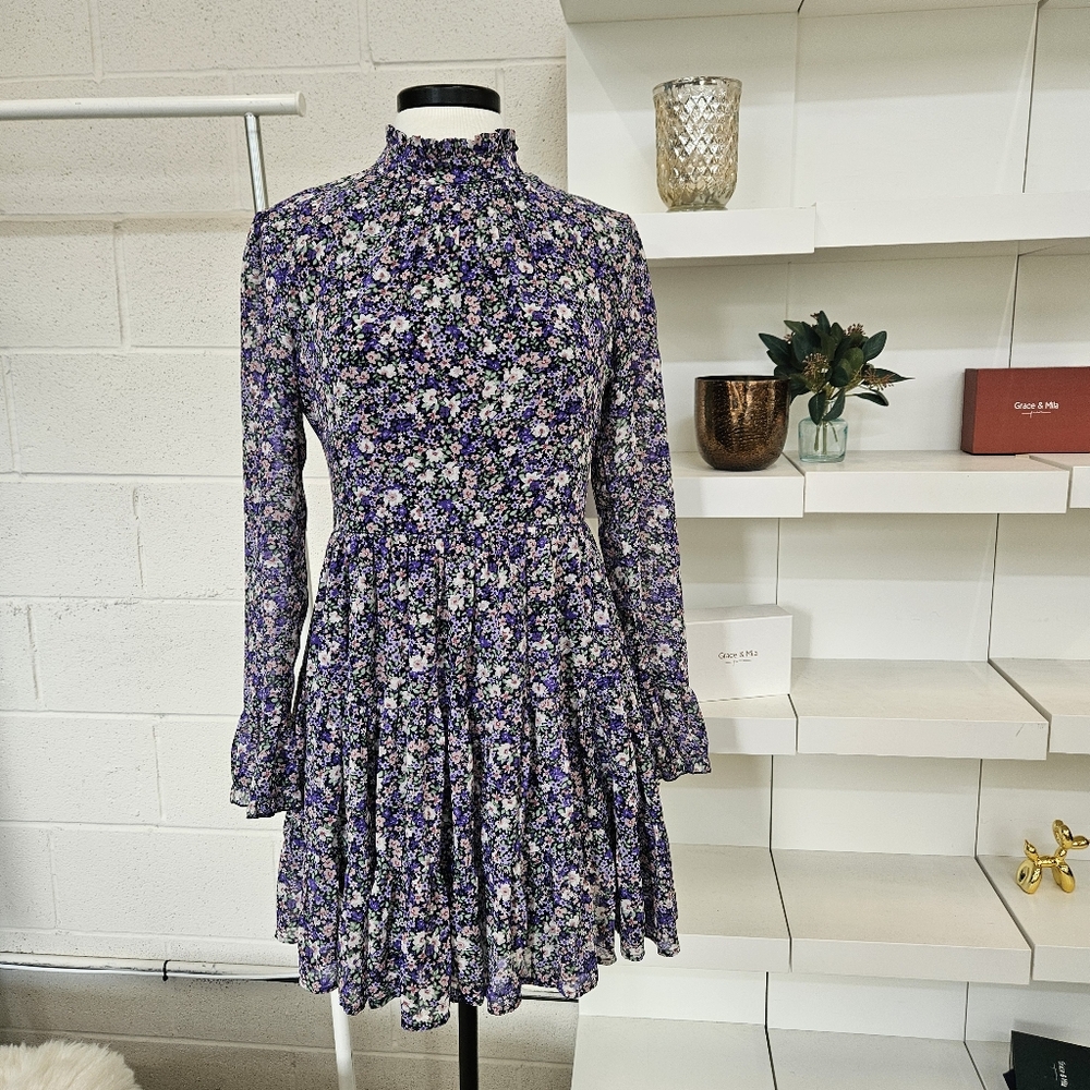 Purple floral ruffle neck dress